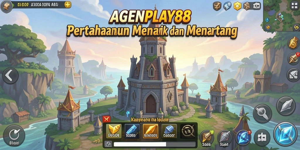 Tangkapan layar gameplay AGENPLAY88 menampilkan menara pertahanan yang strategis.