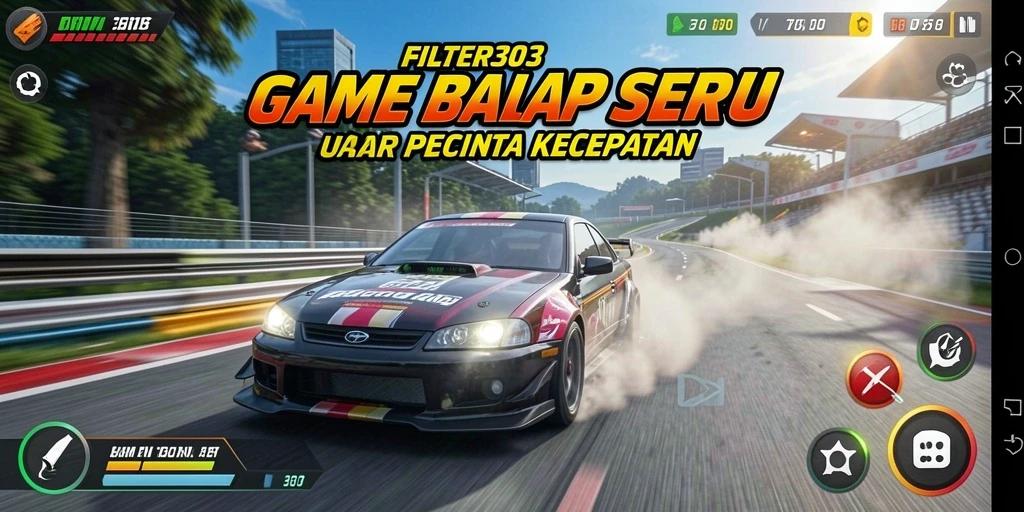 Tampilan gameplay FILTER303 dengan balapan mobil yang seru dan mendebarkan.