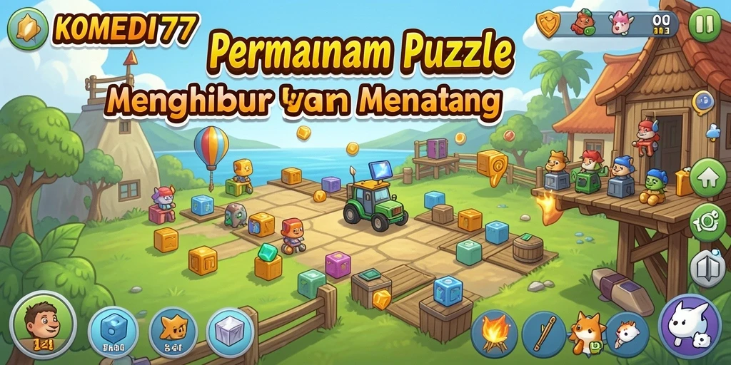 Screenshot gameplay <strong>KOMEDI77</strong> menampilkan tantangan puzzle yang seru.