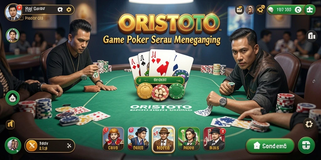 Screenshot utama ORISTOTO menampilkan pemain yang sedang beraksi di meja poker.
