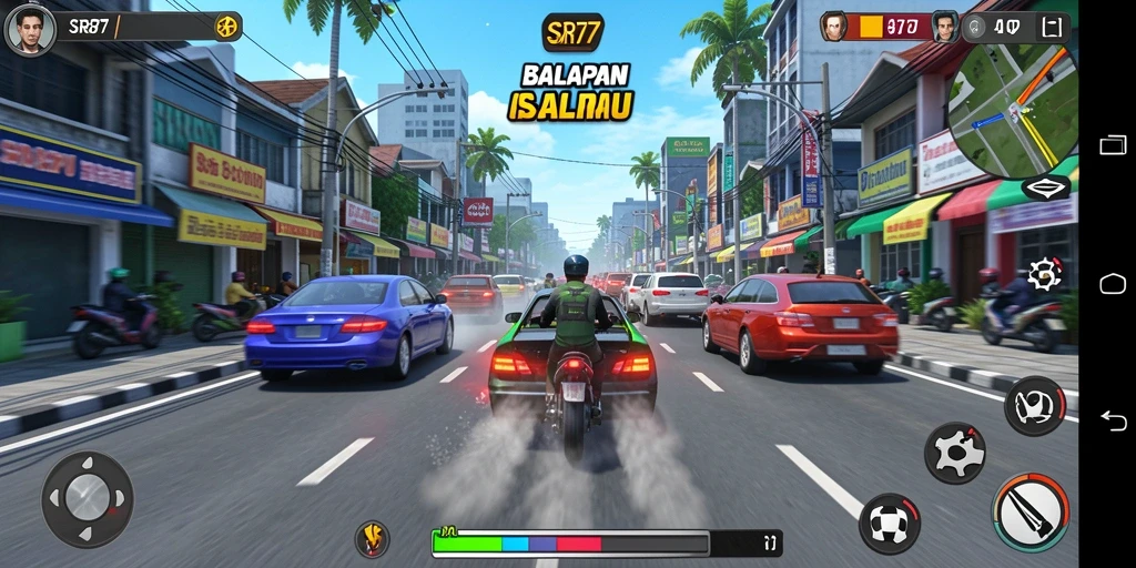 Tampilan layar utama gameplay balapan SR877 yang mendebarkan.